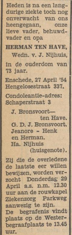 Hengelosestraat 337 Herman ten Have overlijdensadvertentie Tubantia 28-4-1954.jpg
