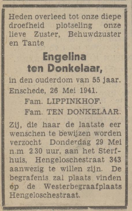 Hengelosestraat 343 Engelina ten Donkelaar overlijdensadvertentie Tubantia 27-5-1941.jpg