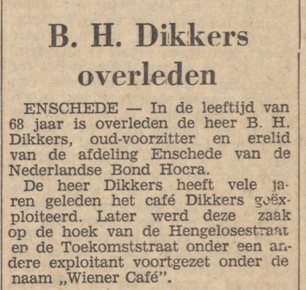 Hengelosestraat 347 hoek Toekomststraat cafe B.H. Dikkers later Wiener cafe krantenbericht Tubantia 10-8-1964.jpg