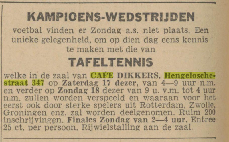 Hengelosestraat 347 cafe Dikkers Advertentie. Twentsch nieuwsblad. Enschede, 16-04-1943..jpg