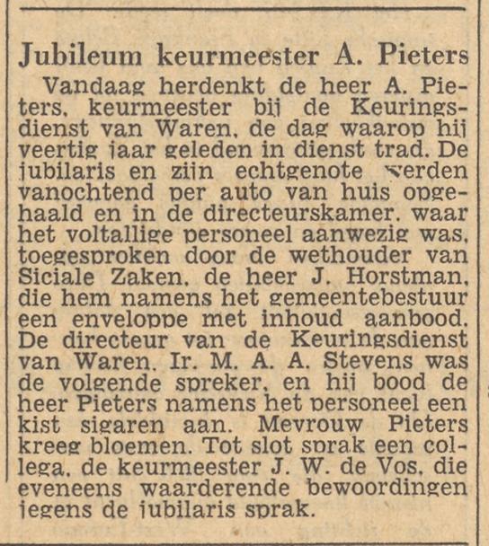 Hengelosestraat 353 A. Pieters keurmeester Keuringsdienst van Waren krantenbericht Tubantia 4-8-1954.jpg