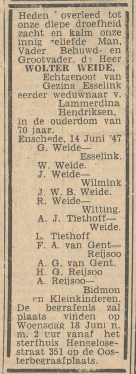 Hengelosestraat 351 Wolter Weide overlijdensadvertentie Tubantia 16-6-1947.jpg