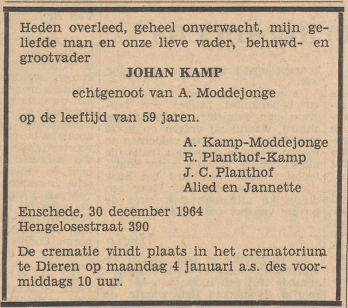 Hengelosestraat 390 Johan Kamp overlijdensadvertentie Tubantia 31-12-1964.jpg