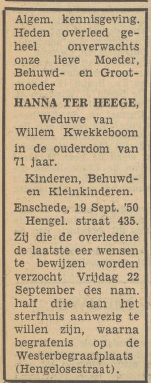 Hengelosestraat 435 Wed. H. Kwekkeboom-ter Heege overlijdensadvertentie Tubantia 20-9-1950.jpg