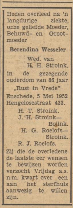 Hengelosestraat 433 Wed. B. Stroink-Wesseler overlijdensadvertentie Tubantia 6-5-1952.jpg