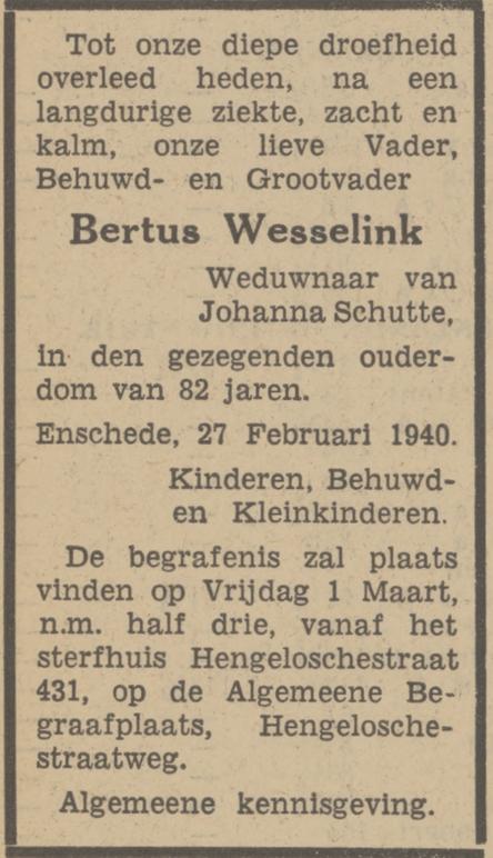 Hengelosestraat 431 Bertus Wesselink overlijdensadvertentie Tubantia 27-2-1940.jpg