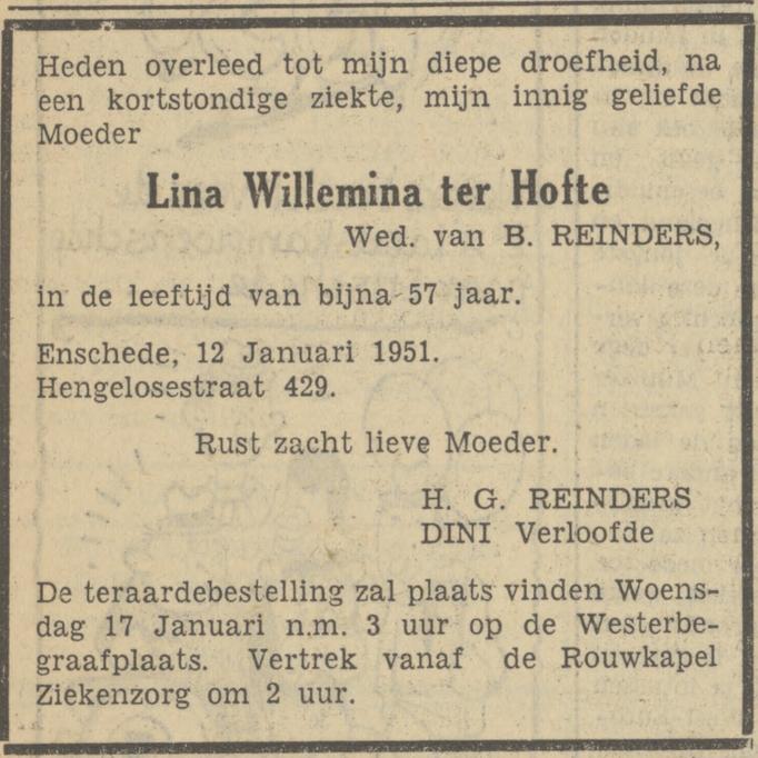 Hengelosestraat 429 Wed. L.W. Reinders-ter Hofte overlijdensadvertentie Tubantia 13-1-1951.jpg