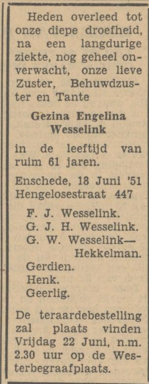 Hengelosesaat 447 G.E. Wesselink overlijdensadvertentie Tubantia 19-6-1951.jpg
