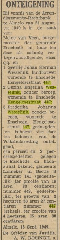 Hengelosestraat 447 G.J.H. Wesselink landbouwer advertetie Tubantia 20-9-1949.jpg