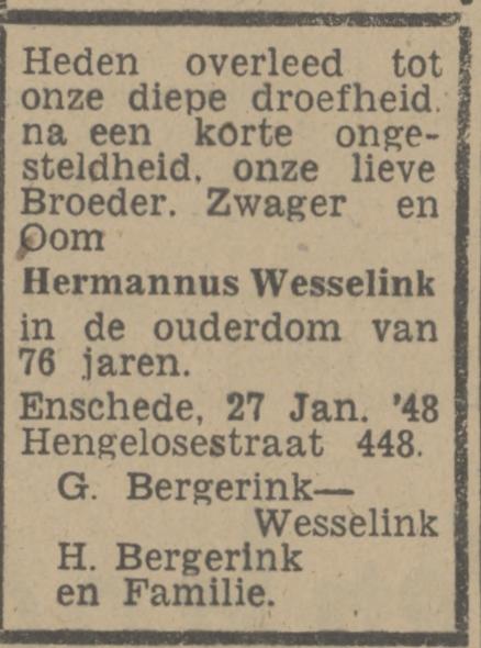 Hengelosestraat 448 Hermannus Wesselink overlijdensadvertentie Tubantia 28-1-1948.jpg