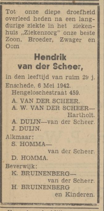 Hengelosestraat 459 Hendrik van der Scheer overlijdensadvertentie Tubantia 6-5-1942.jpg