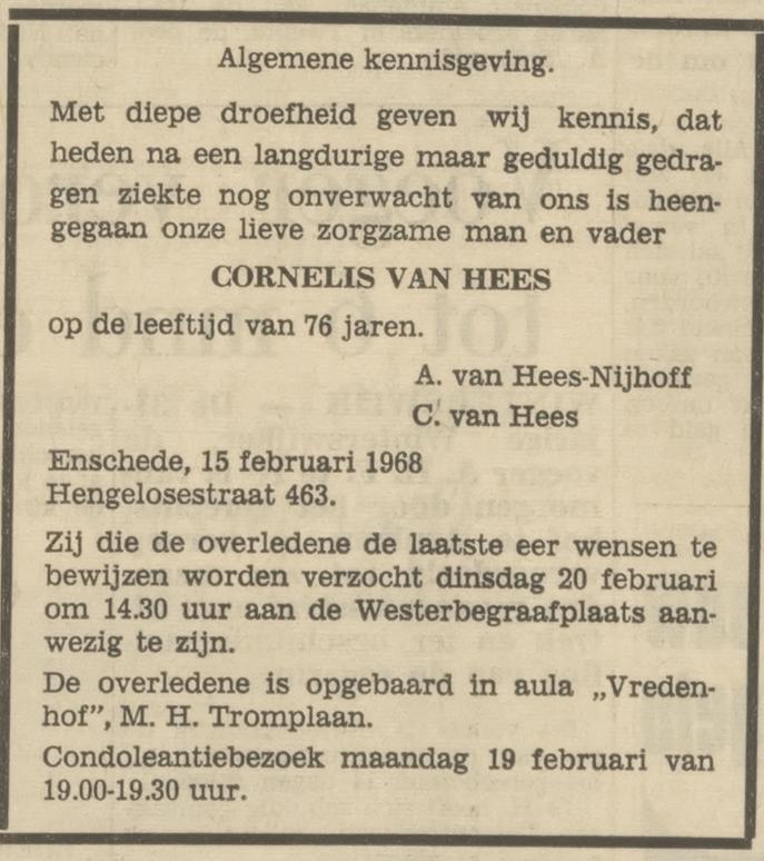 Hengelosestraat 463 Cornelis van Hees overlijdensadvertentie Tubantia 16-2-1968.jpg