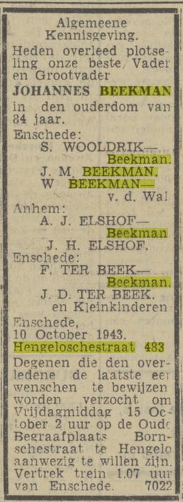 Hengelosestraat 483 Johannes Beekman overlijdensadvertentie Tubantia 13-10-1943.jpg
