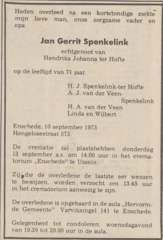 Hengelosestraat 573 J.G. Spenkelink overlijdensadvertentie Tubantia 11-9-1973.jpg