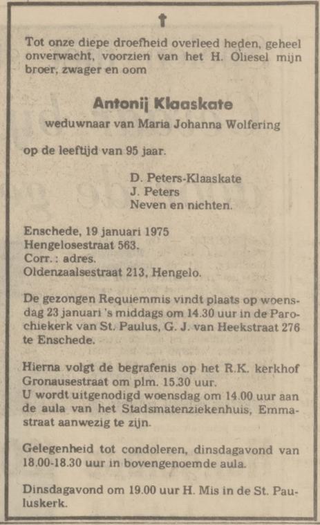 Hengelosestraat 563 A. Klaaskate overlijdensadvertentie Tubantia 20-1-1975.jpg
