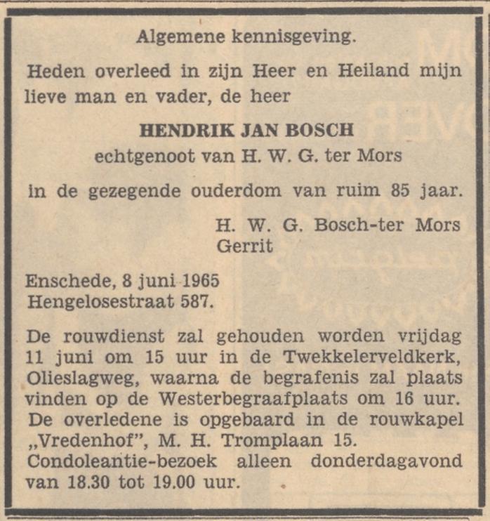 Hengelosestraat 587 Hendrik Jan Bosch overlijdensadvertentie Tubantia 9-6-1965.jpg