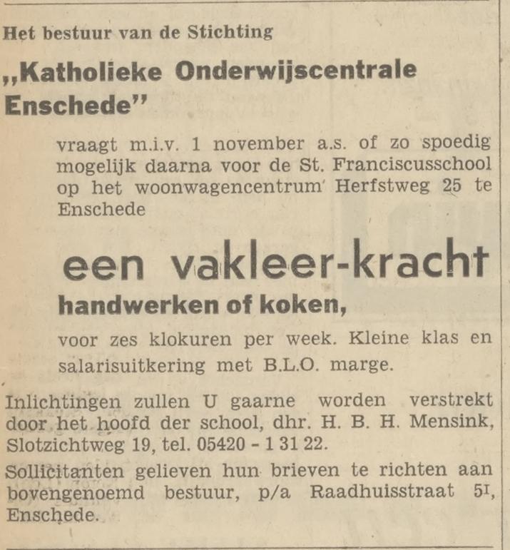 Herfstweg 25 Glanerbrug woonwagencentrum Sint Franciscusschool advertentie Tubantia 4-10-1967.jpg