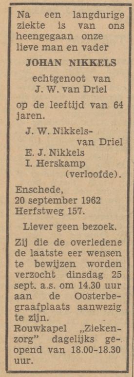 Herfstweg 157 Johan Nikkels overlijdensadvertentie Tubantia 22-9-1962.jpg