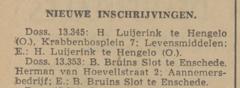 Herman van Hoevellstraat 2 Aannemersbedrijf B.Bruins Slot krantenbericht Tubantia 6-3-1942.jpg
