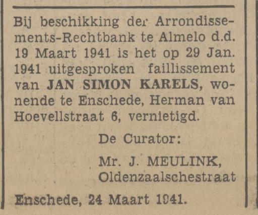 Herman van Hoevellstraat 6 J.S. Karels advertentie Tubantia 24-3-1941.jpg