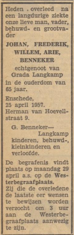 Herman van Hoevellstraat 9 J.F.W.A. Benneker overlijdensadvertentie Tubantia 26-4-1957.jpg