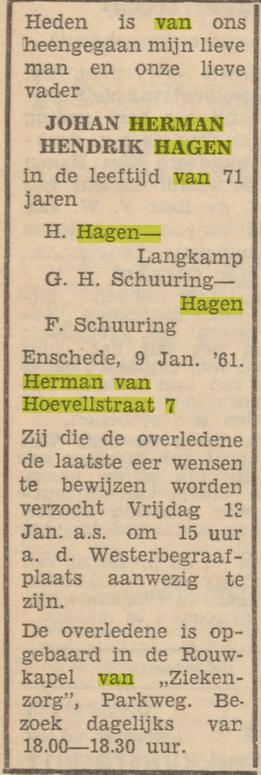 Herman van Hoevellstraat 7 J.H.H. Hagen overlijdensadvertentie Tubantia 10-1-1961.jpg