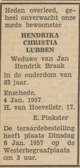Herman van Hoevellstraat 17 Wed. H.C. Braak-Lubben overlijdensadvertentie Tubantia 5-1-1957.jpg