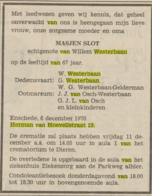 Herman van Hoevellstraat 13 M. Westerbaan-Slot overlijdensadvertentie Tubantia 8-12-1970.jpg