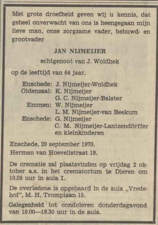 Herman van Hoevellstraat 19 Jan Nijmeijer overlijdensadvertentie Tubantia 30-9-1970.jpg