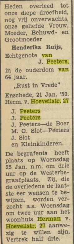 Herman van Hoevellstraat 27 H. Peeters-Ruijs overlijdensadvertentie Tubantia 23-1-1950.jpg