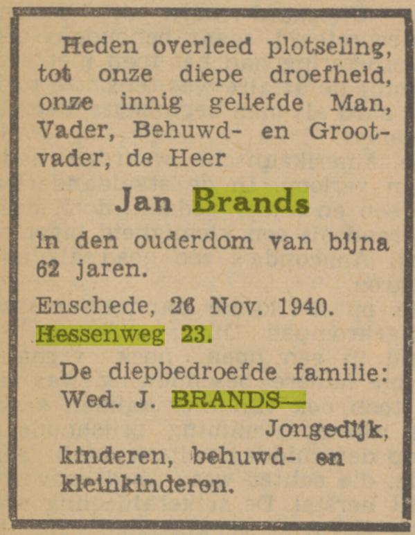 Hessenweg 23 Jan Brands overlijdensadvertentie Tubantia 27-11-1940.jpg