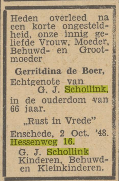 Hessenweg 16 G. Schollink-de Boer overlijdensadvertentie Tubantia 4-10-1948.jpg