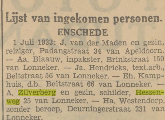 Hessenweg 25 A. Zilverberg schilder krantenbericht Tubantia 19-8-1933.jpg