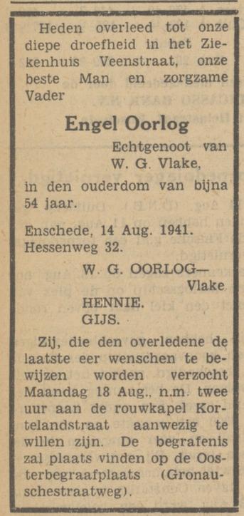Hessenweg 32 Engel Oorlog overlijdensadvertentie Tubantia 14-8-1941.jpg