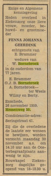 Hessenweg 35 Wed. F.J. Bornebroek-Geerdink overlijdensadvertentie Tubantia 27-11-1959.jpg