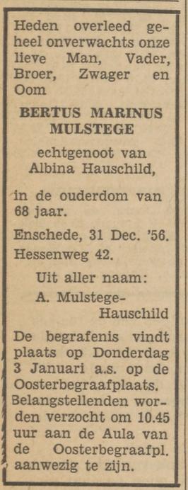 Hessenweg 42 B.M. Mulstege overlijdensadvertentie Tubantia 2-1-1957.jpg