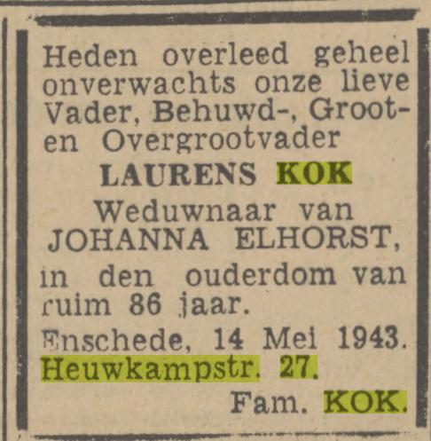 Heuwkampstraat 27 Laurens Kok overlijdensadvertentie Twentsch nieuwsblad 17-5-1943.jpg