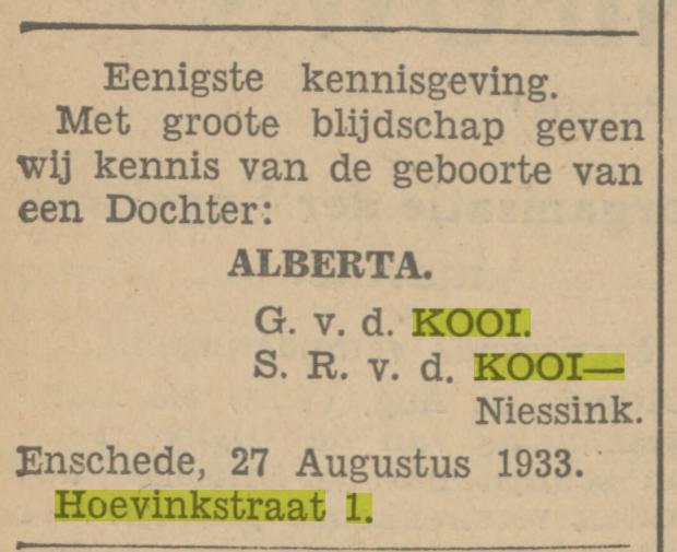 Hoevinkstraat 1 G, van de Kooi advertentie Tubantia 28-8-1933.jpg