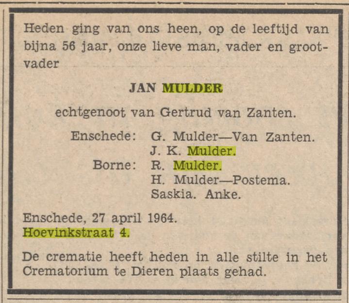 Hoevinkstraat 4 Jan Mulder overlijdensadvertentie Tubantia 1-5-1964.jpg
