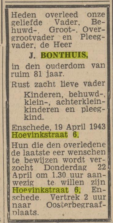 Hoevinkstraat 6 J. Bonthuis overlijdensadvertentie Twentsch nieuwsblad 20-4-1943.jpg