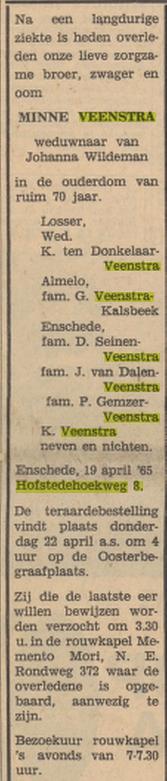 Hofstedehoekwg 8 M. Veenstra overlijdensadvertentie Tubantia 20-4-1965.jpg