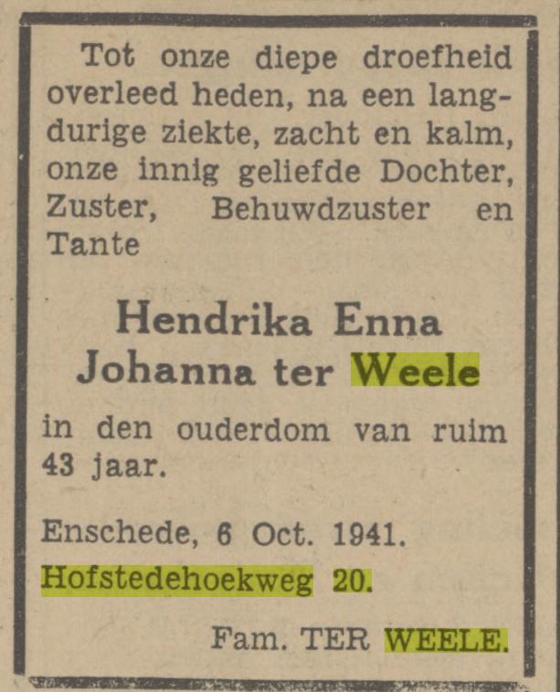 Hofstedehoekweg 20 H.E.J. ter Weele overlijdensadvertentie Tubantia 7-10-1941.jpg