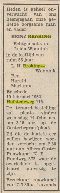 Hofstedeweg 115 Heinz Bröking overlijdensadvertentie Tubantia 17-2-1962.jpg