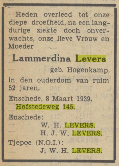 Hofstedeweg 145 L. Levers-Hogenkamp overlijdensadvertentie Tubantia 9-3-1939.jpg