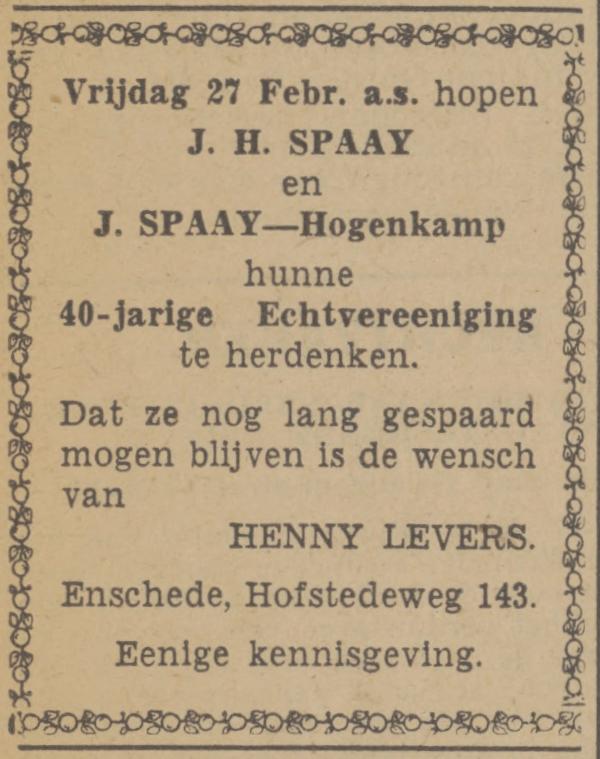 Hofstedeweg 143 J.H. Spaay advertentie Tubantia 26-2-1942.jpg