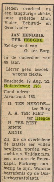 Hofstedeweg 176 J.H. ter Heegde overlijdensadvertentie Tubantia 19-8-1952.jpg