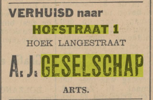 Hofstraat 1 hoek Langestraat A.J. Geselschap arts advertentie Tubantia 1-2-1936.jpg
