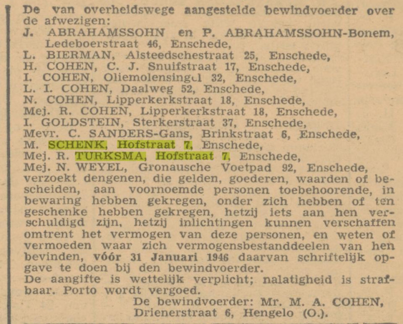 Hofstraat 7 M. Schenk Mej. R. Turksma advertentie Twentsche Courant 19-12-1945.jpg