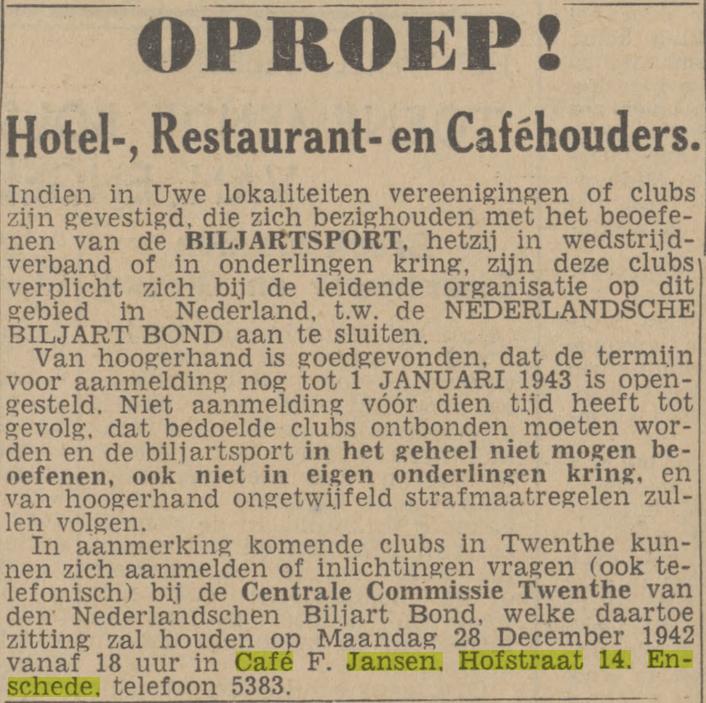 Hofstraat 14 cafe F. Jansen advertentie Twentsch nieuwsblad 23-12-1942.jpg