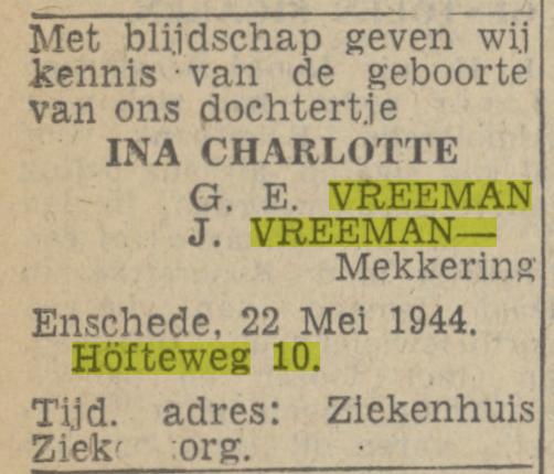 Hófteweg 10 G.E, Vreeman advertentie Twentsch nieuwsblad 24-5-1944.jpg